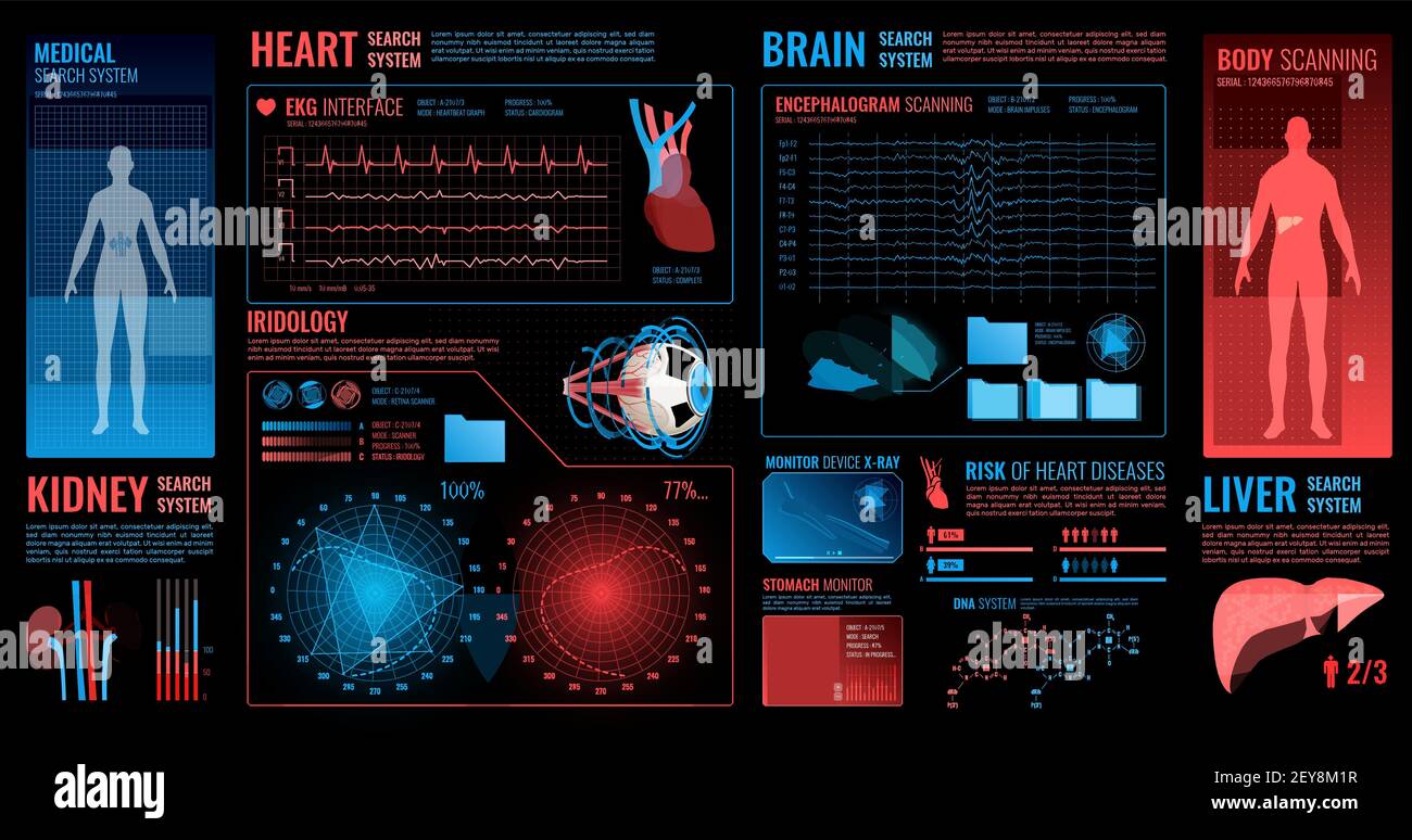 Medical dark interface elements with brain kidney and heart search system symbols flat isolated vector illustration Stock Vector