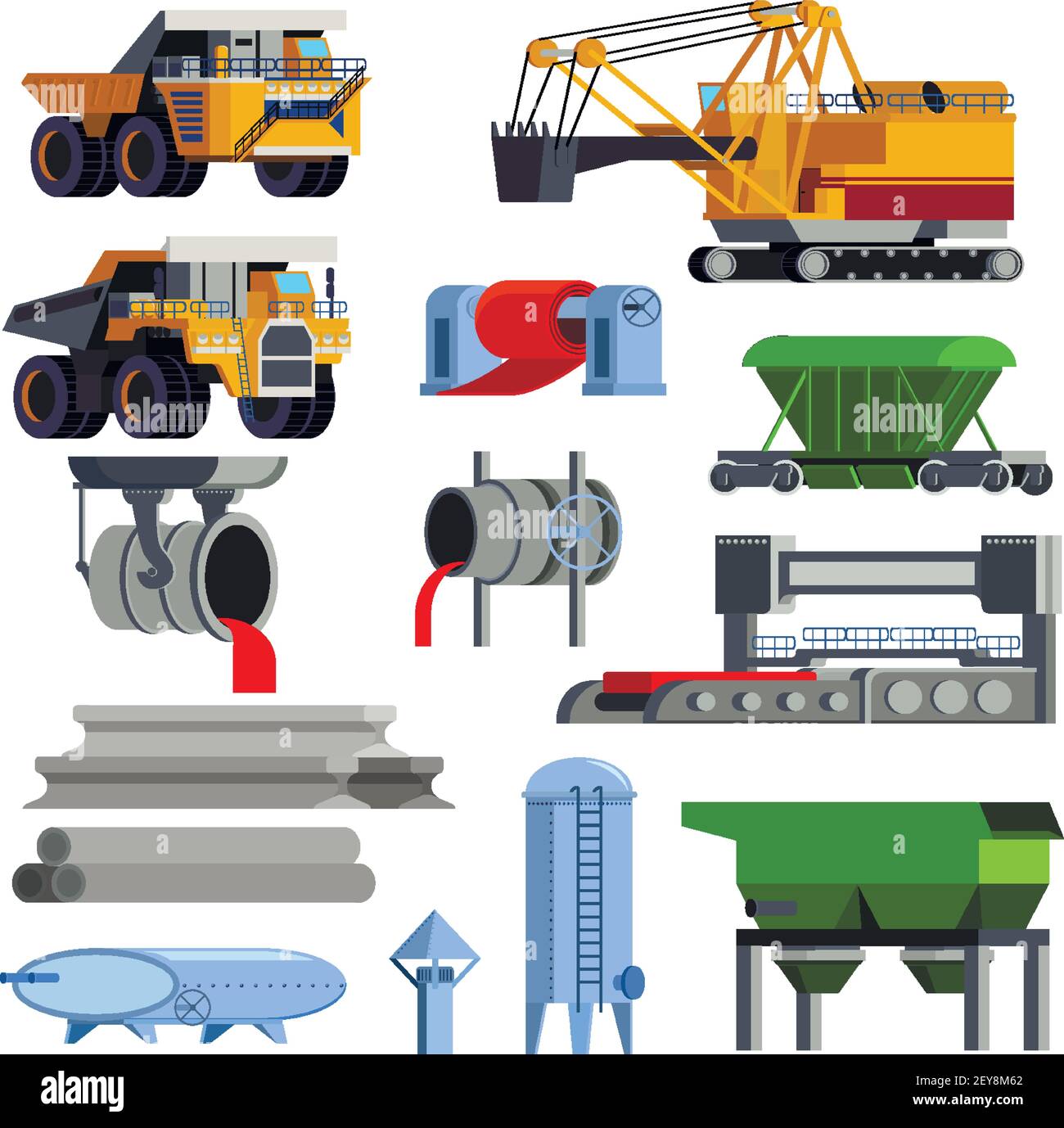 Isolated and flat steel production metallurgy icon set with operating machines and containers for transportation vector illustration Stock Vector