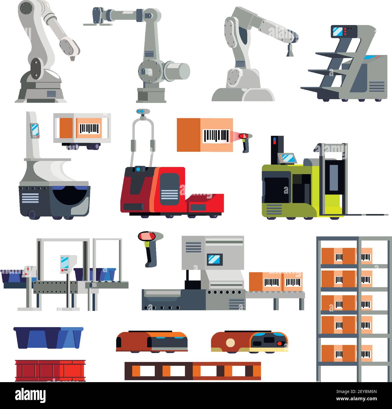 Automated warehouse equipment mechanical arms robots loaders sorting ...