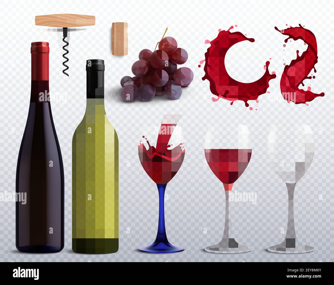 Wine realistic transparent set with grapes and glass isolated vector ...