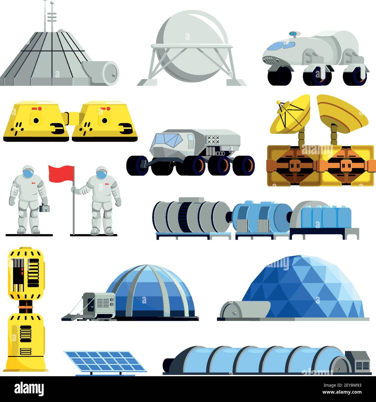 Spacemen with flag and equipment for planet colonization set of flat ...