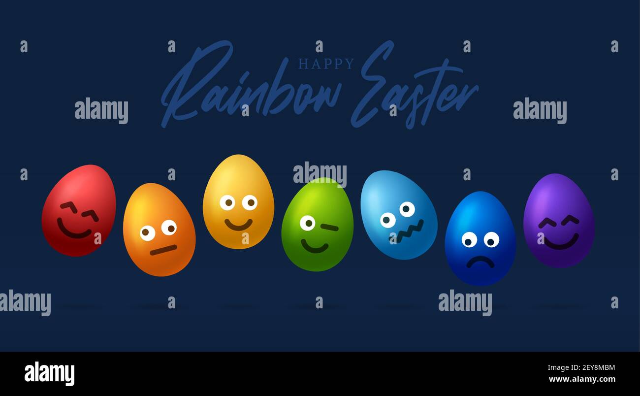 Set of rainbow easter eggs with emojis. Realistic 3d vector egg