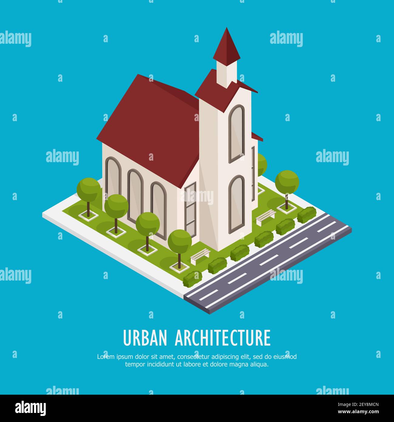 Urban architecture historical and modern public buildings isometric background poster with town cathedral parish church vector illustration Stock Vector