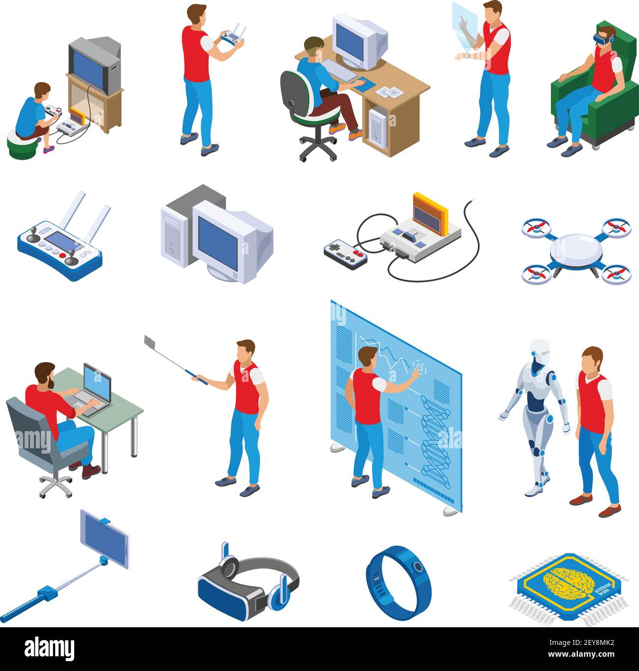 Digital gadget evolution isometric icons with human characters computer technology and robots isolated vector illustration Stock Vector