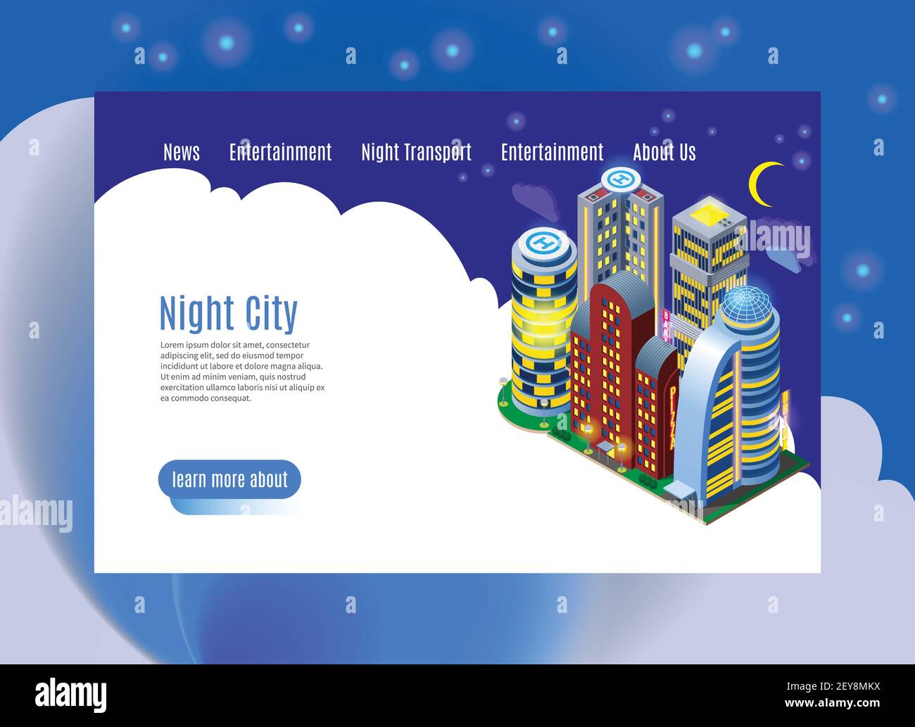 Night city with luminous buildings isometric web page with menu interface on white blue background vector illustration Stock Vector