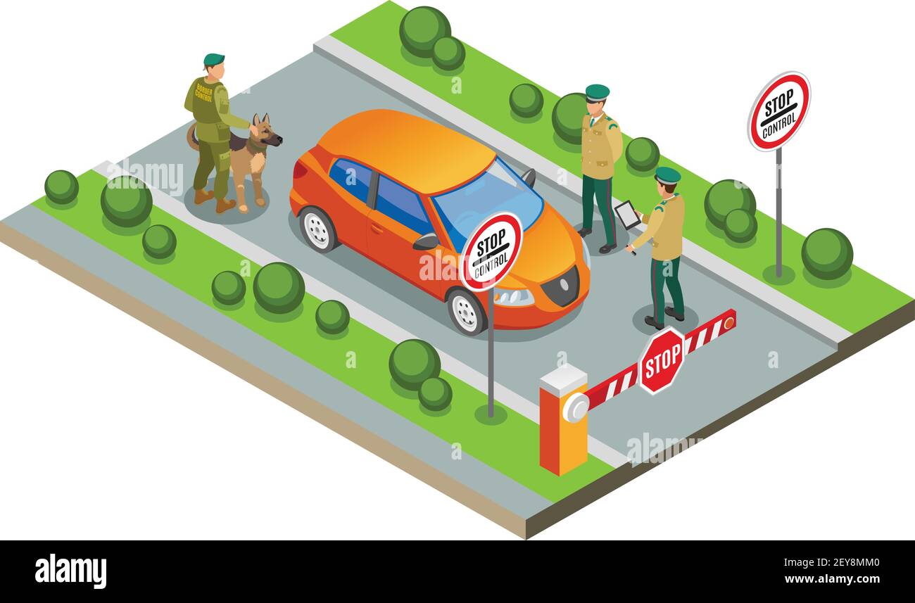 Border inspection isometric composition frontier guards with service ...
