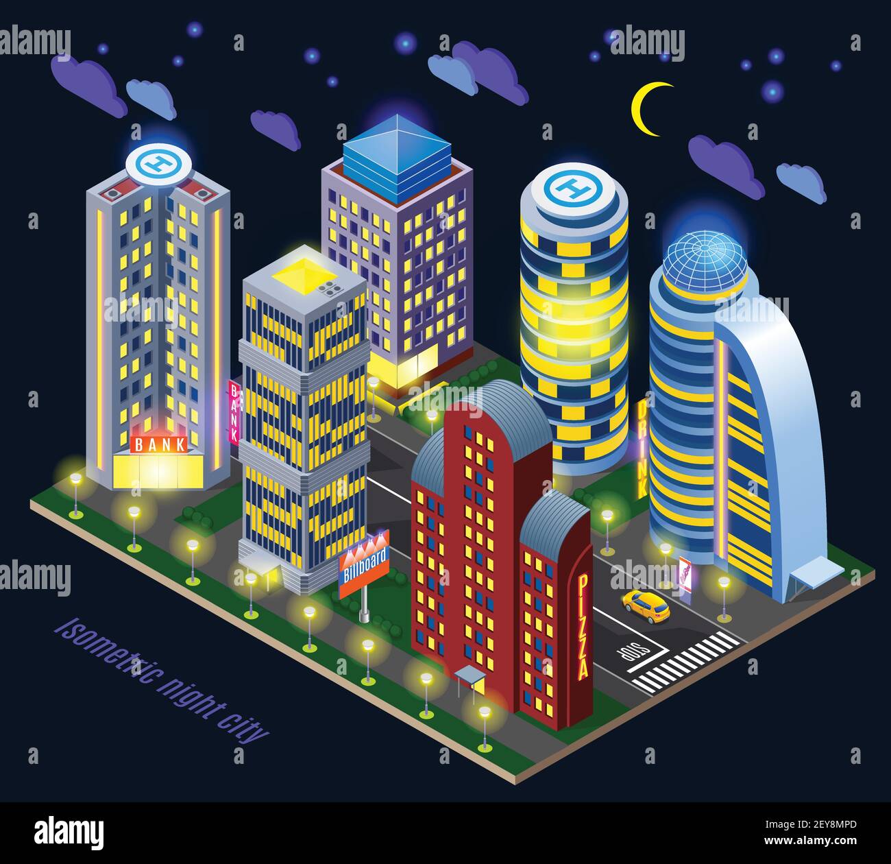 Night city with illuminated tall buildings and road infrastructure isometric composition on dark background vector illustration Stock Vector