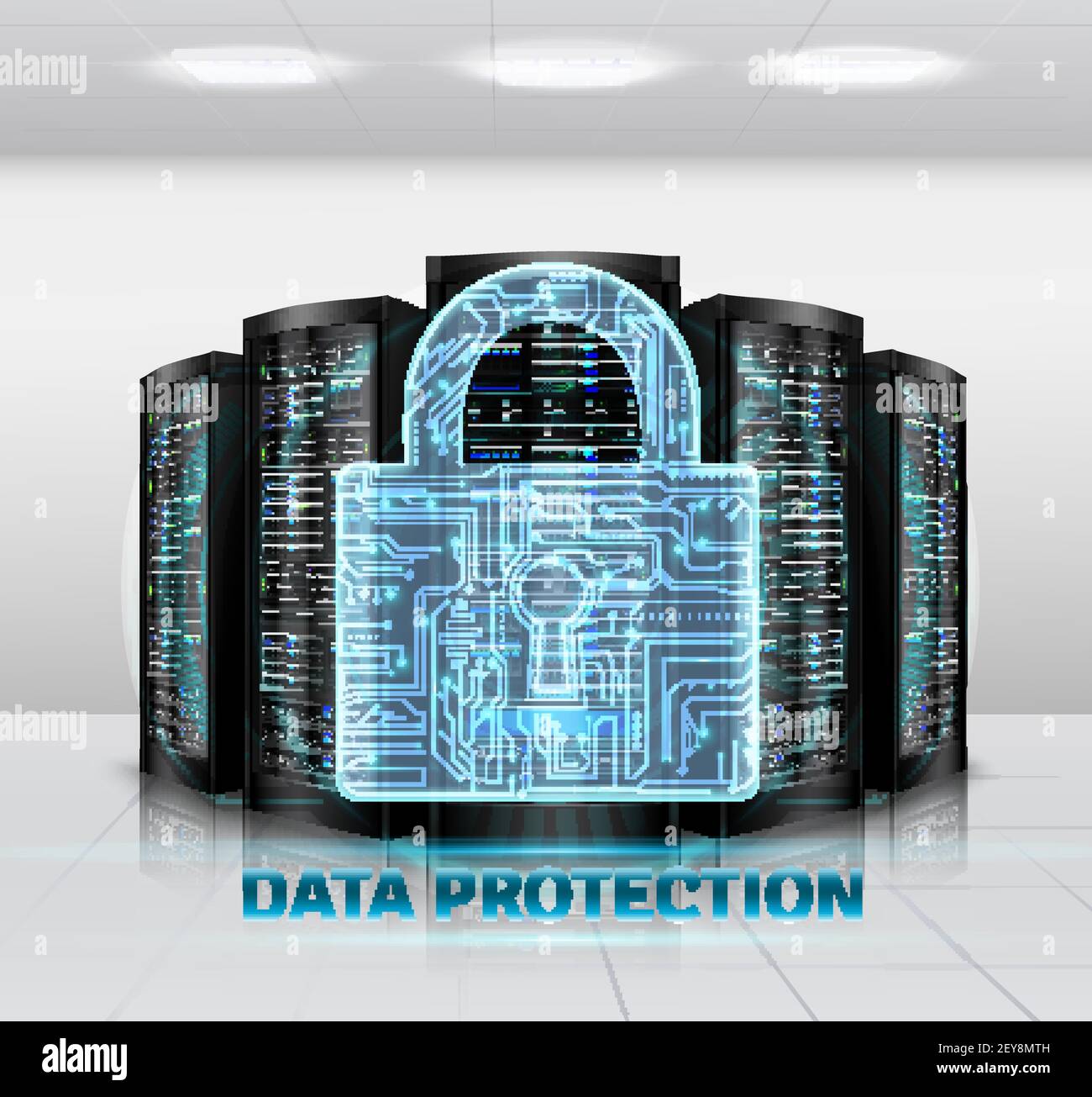 Cloud storage safety data protection realistic composition with padlock on computer disk drive devices symbol vector illustration Stock Vector