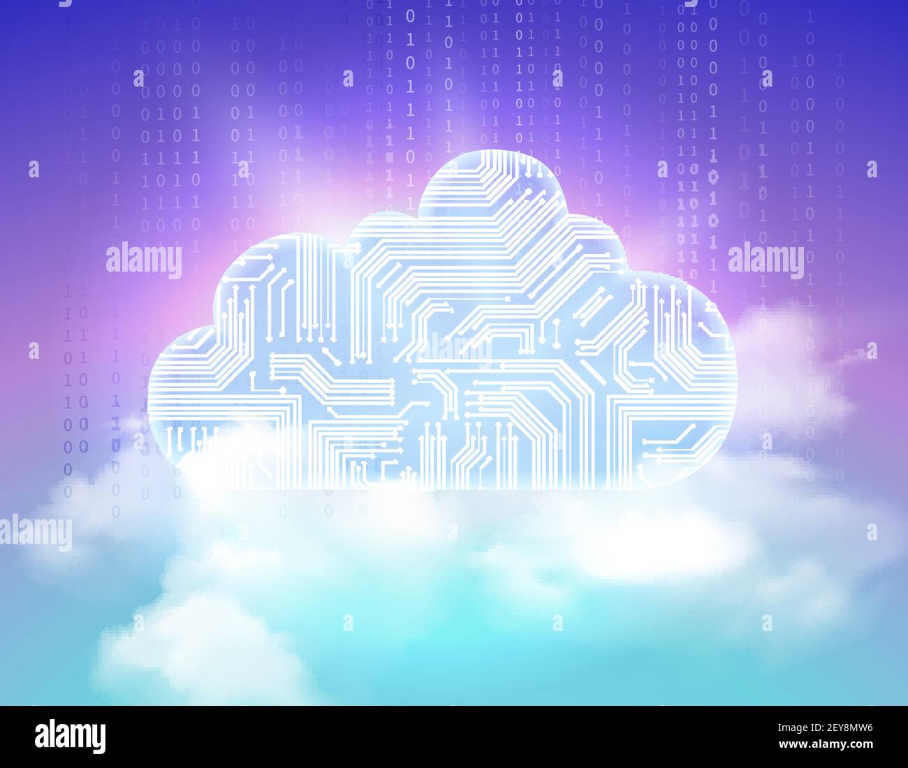 Safe data storage service shining electronic circuits cloud symbol above realistic sky radiant colorful background vector illustration Stock Vector