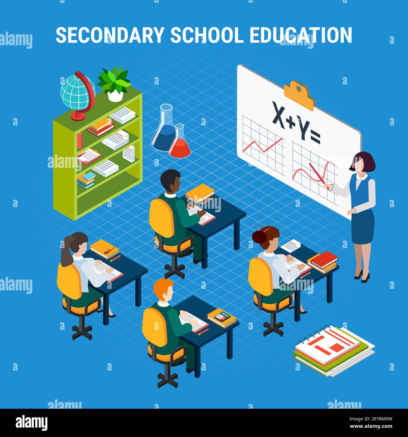 Secondary school students and teacher in classroom education isometric concept 3d vector illustration Stock Vector