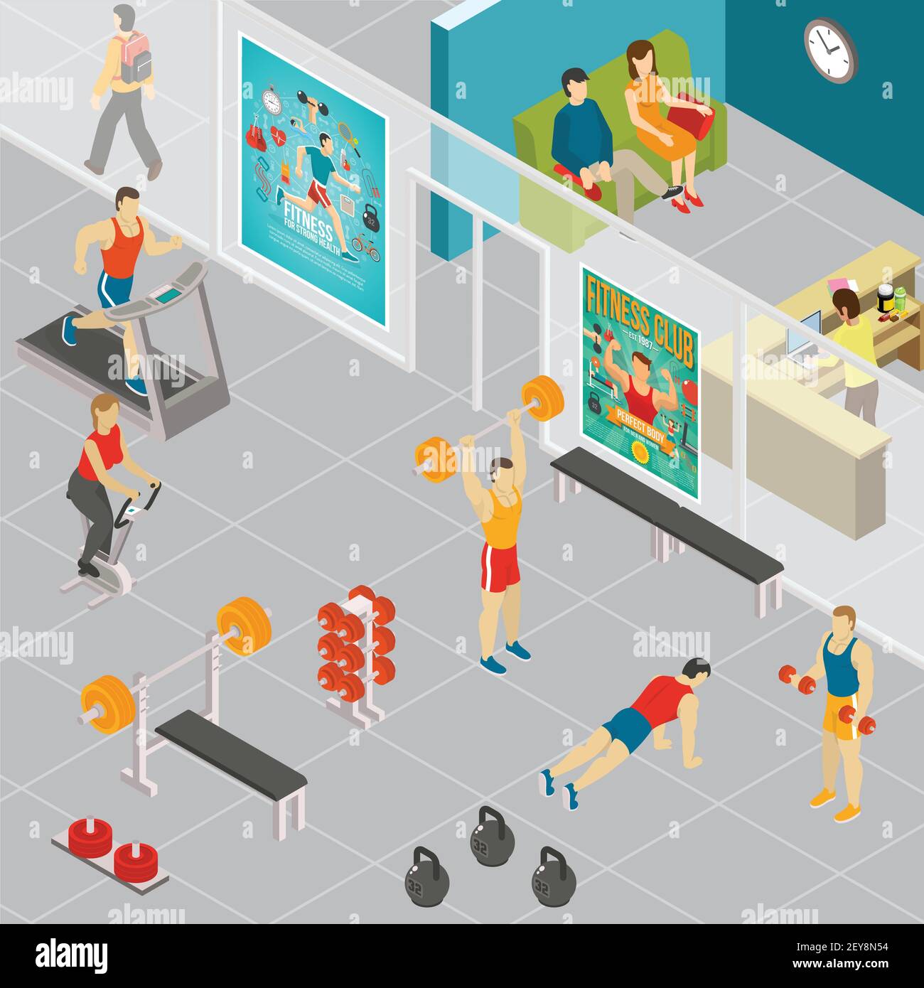 Fitness isometric composition with indoor view of gymnastic area turnhalls with human characters of attending people vector illustration Stock Vector