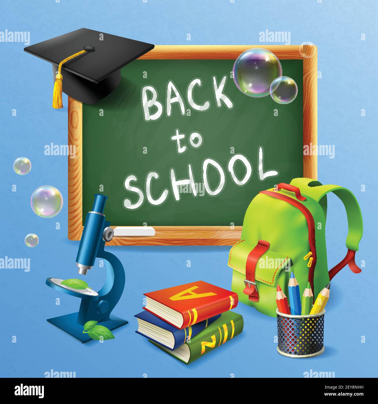 Back to school realistic background with blackboard school bag tutorials microscope vector illustration Stock Vector