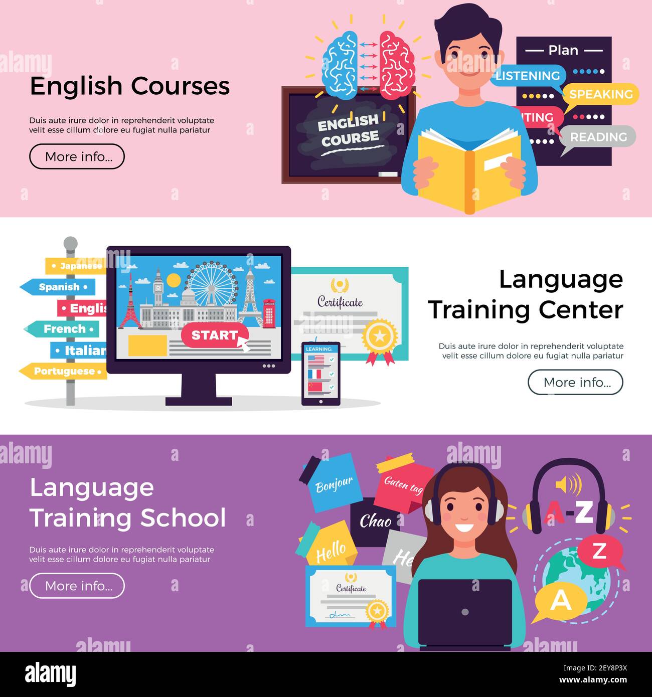 Online language school 3 horizontal flat advertising banners with english courses training