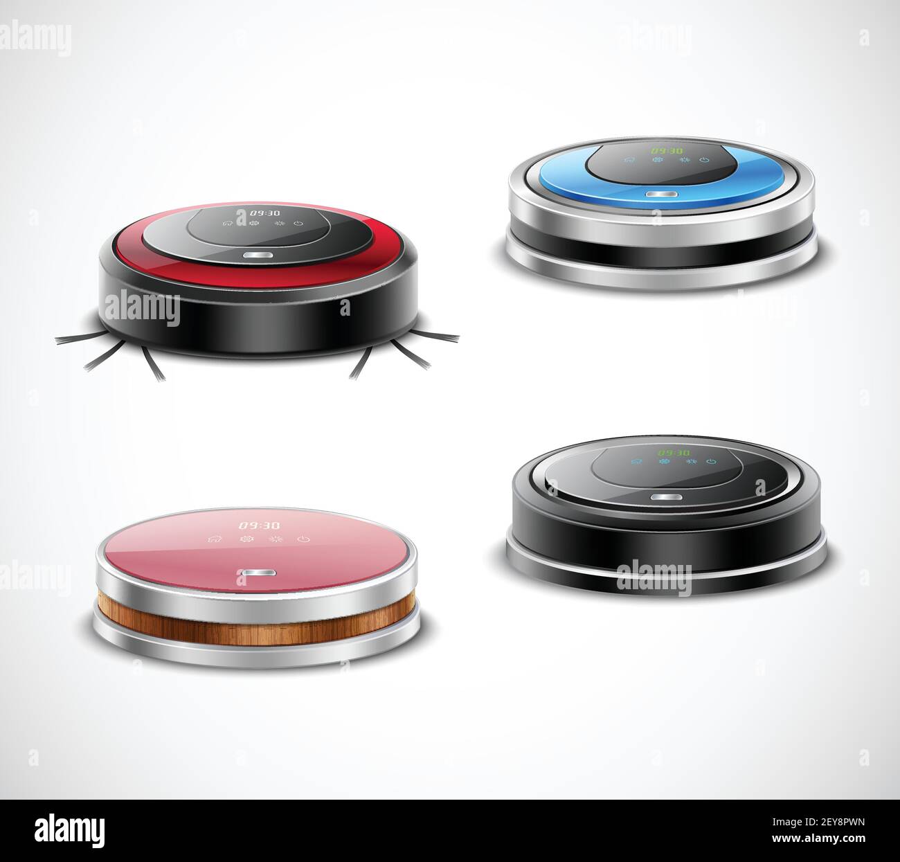 Set of robotic vacuum cleaners of round shape and various color on light background isolated