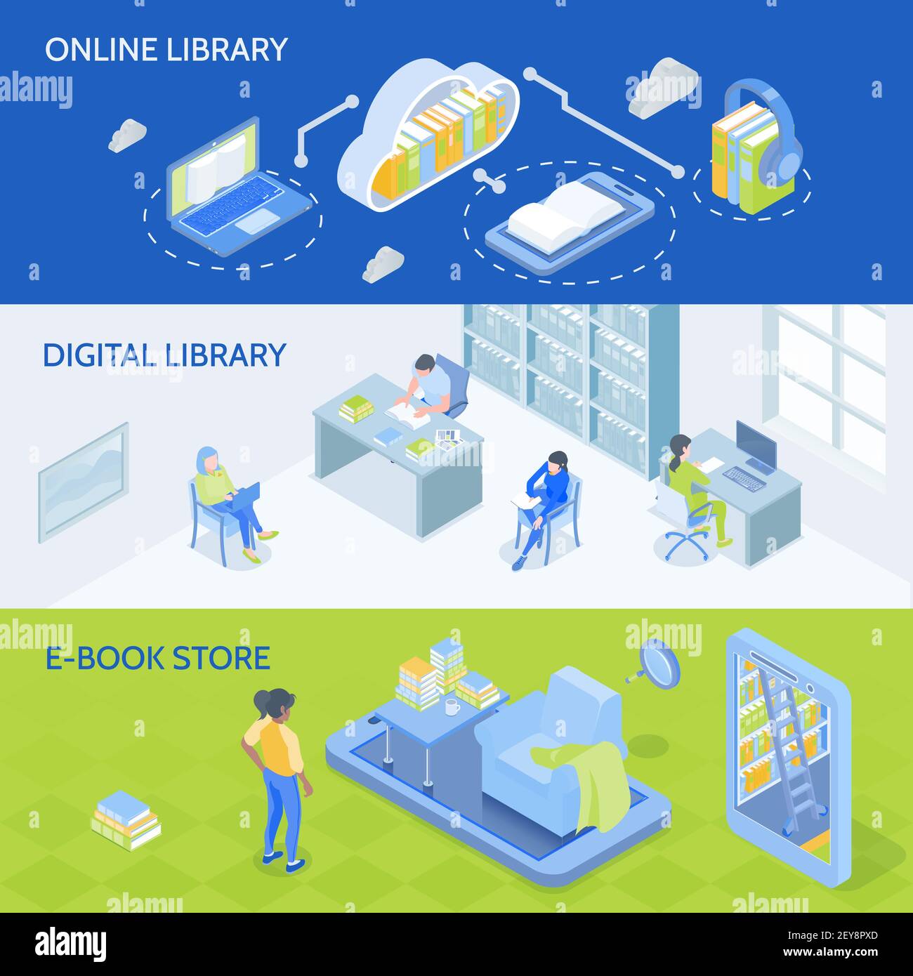 Online digital library en e-book store 3 horizontal isometric banners ...