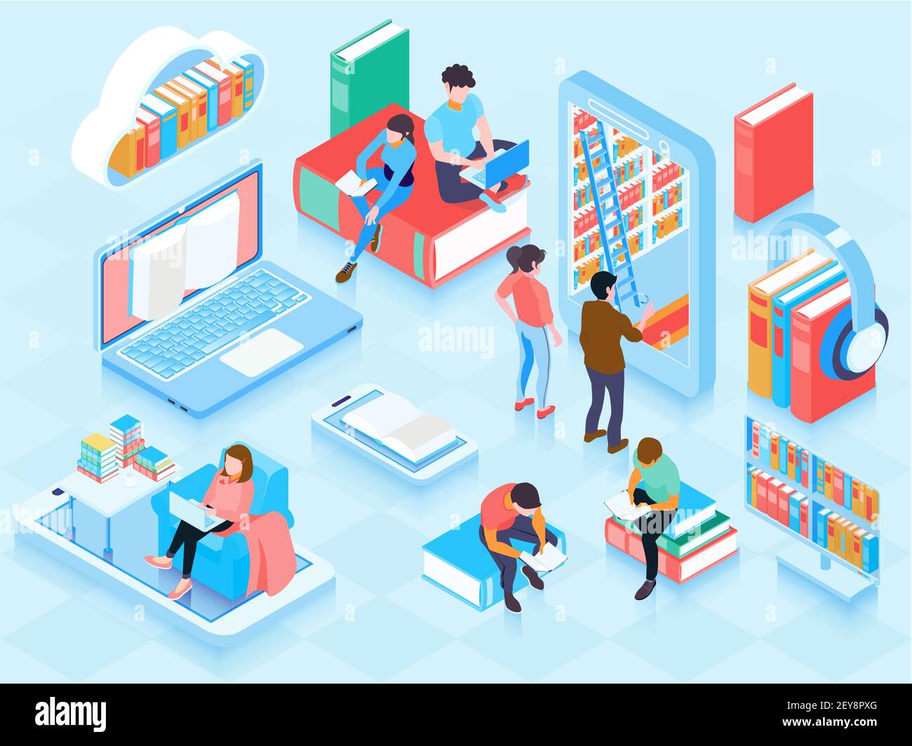 Online library isometric elements composition with people reading