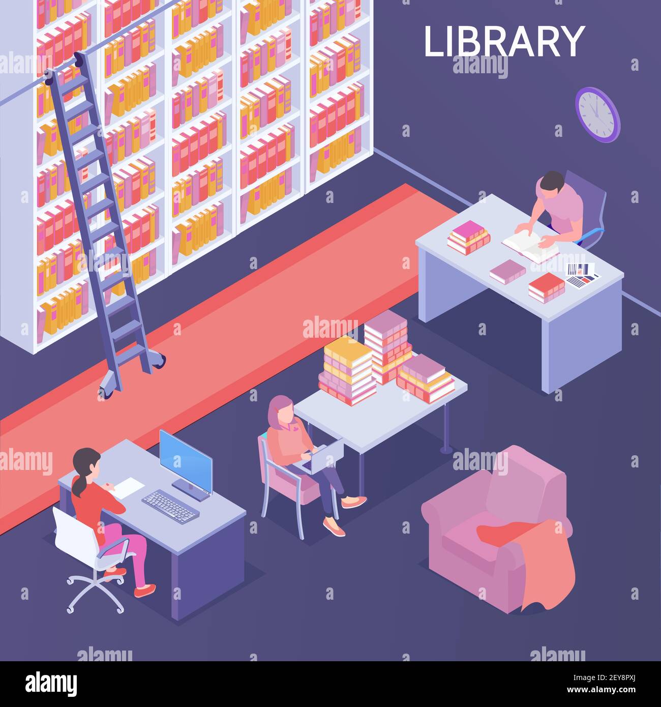 Online library isometric composition with reading room bookshelves