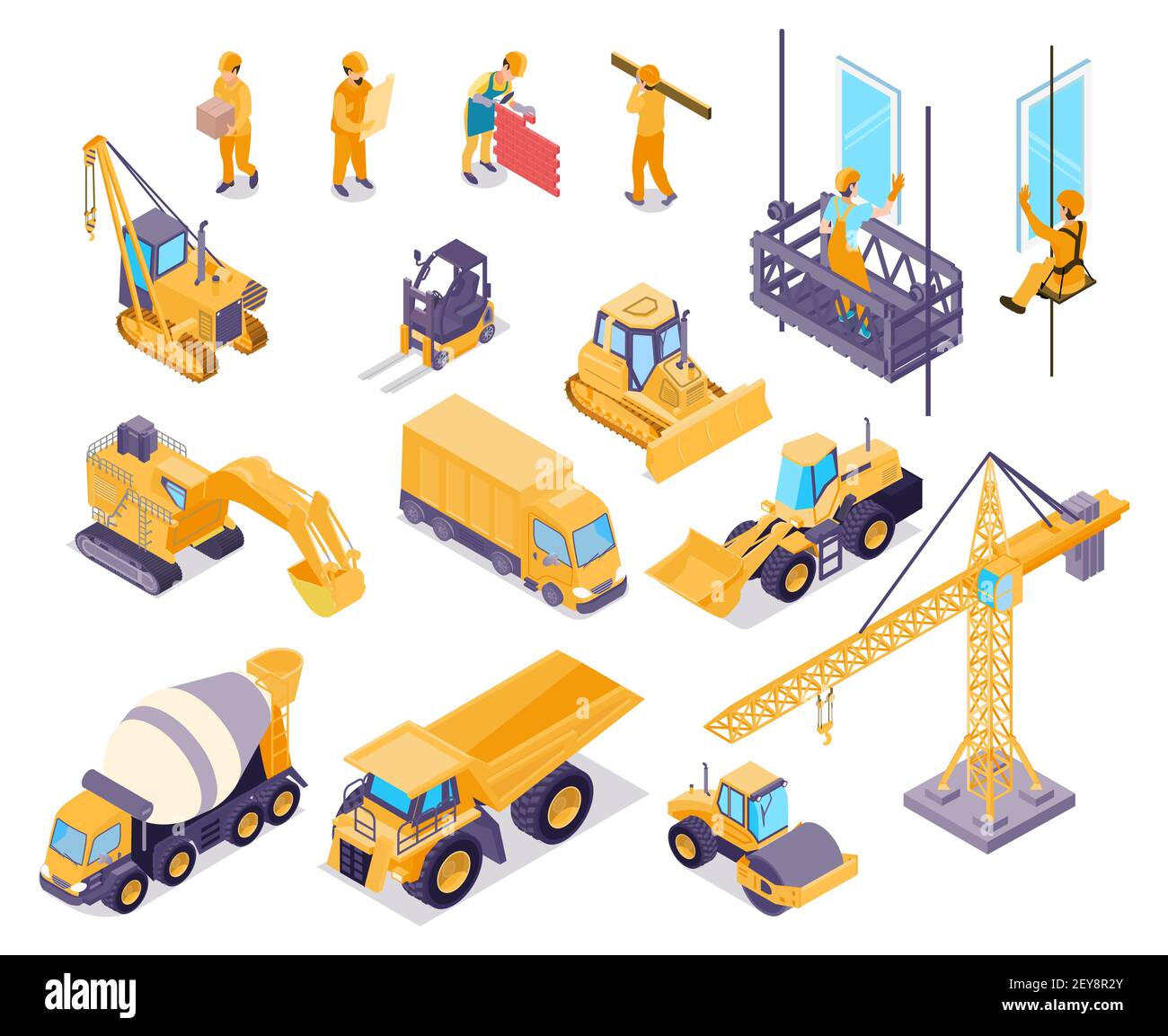 Construction isometric icons set with workers and various equipment for ...