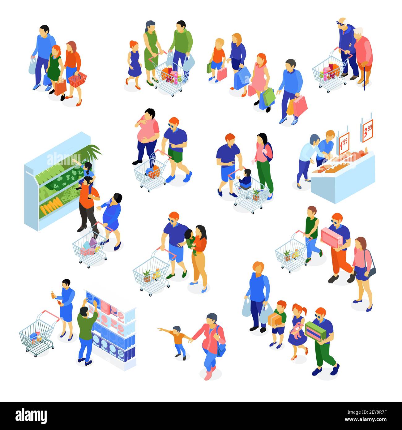 Isometric set of icons with families doing shopping in supermarket isolated on white background 3d vector illustration Stock Vector