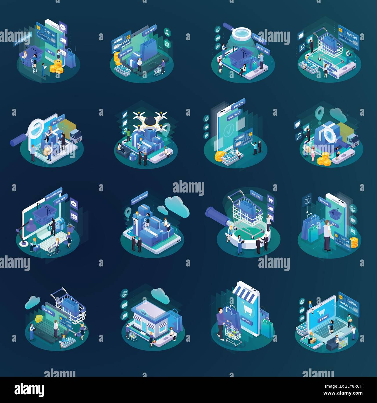 E-commerce Glow Isometric Set Stock Vector
