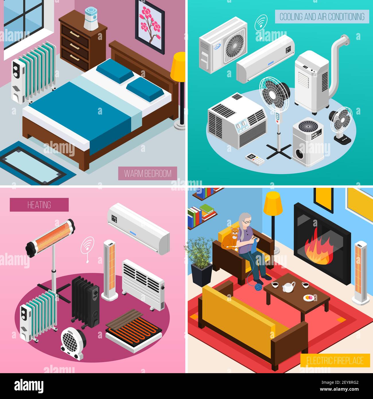 Smart home climate concept 4 isometric interior compositions with