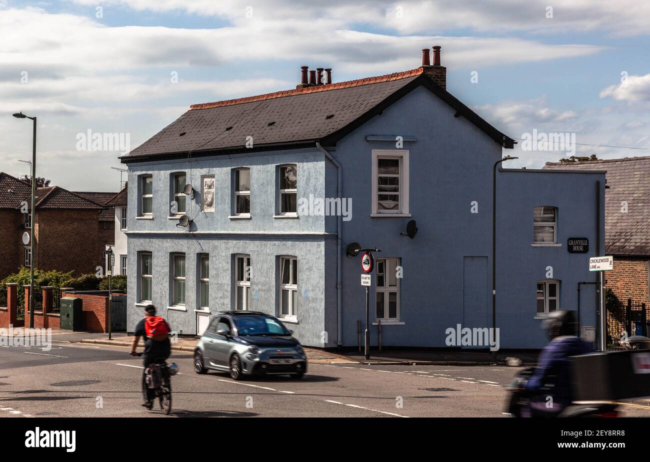 Two storey blue house, Cricklewood Lane, London NW2, Hendon, England, UK. Stock Photo
