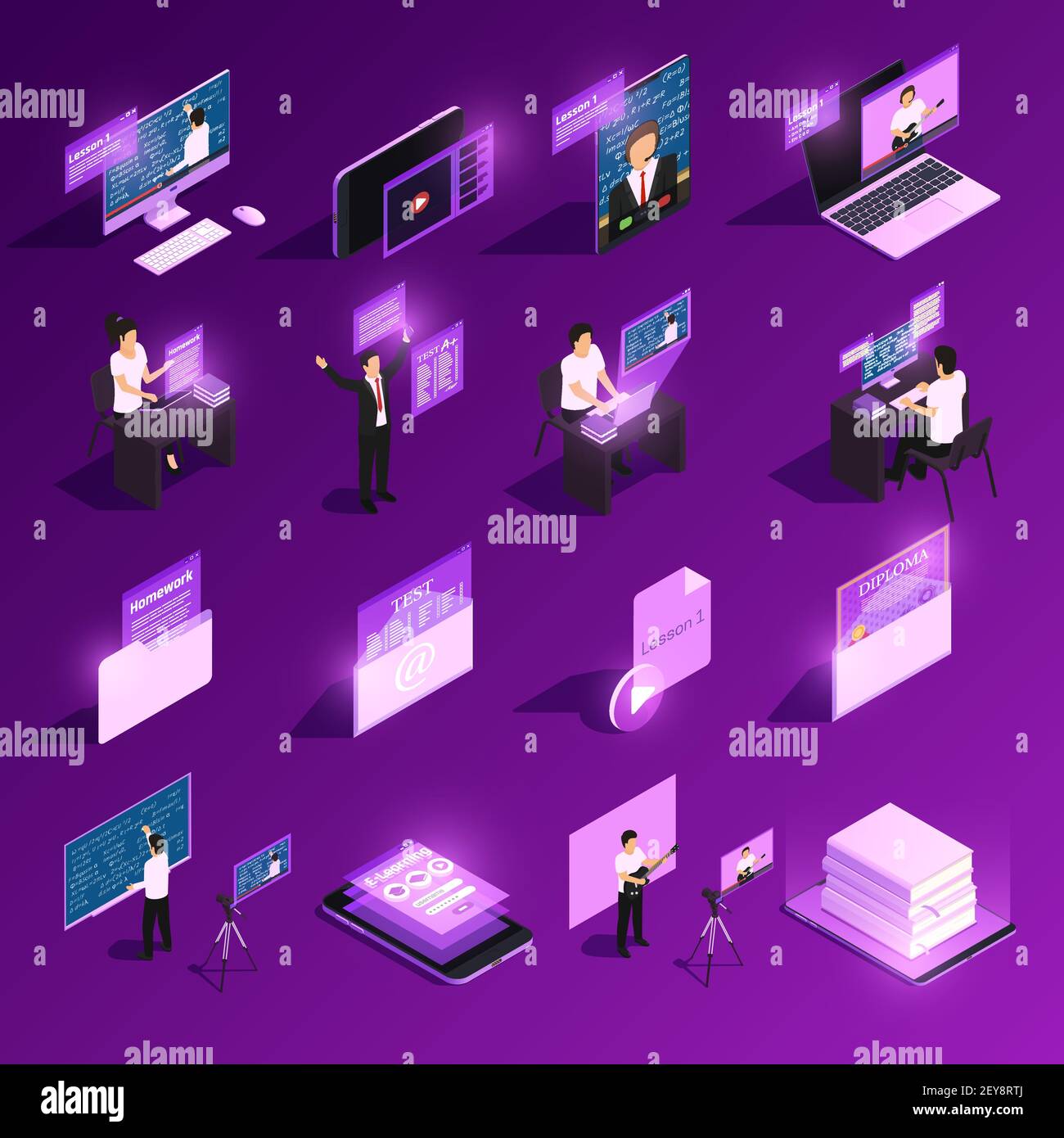 Online education glow isometric icons collection of isolated images ...