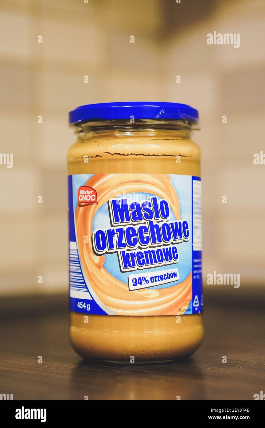 POZNAN, POLAND Feb 06, 2017 Mister Choc peanut butter in a glass jar