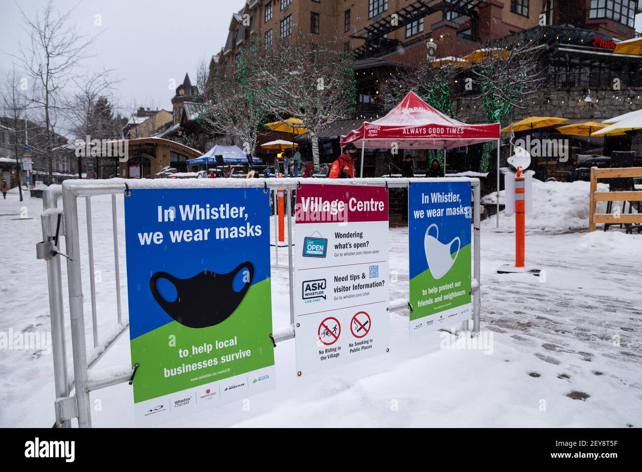 WHISTLER, BC, CANADA - FEB 28, 2021: Covid 19 health advisory signs in Whistler Village. Stock Photo