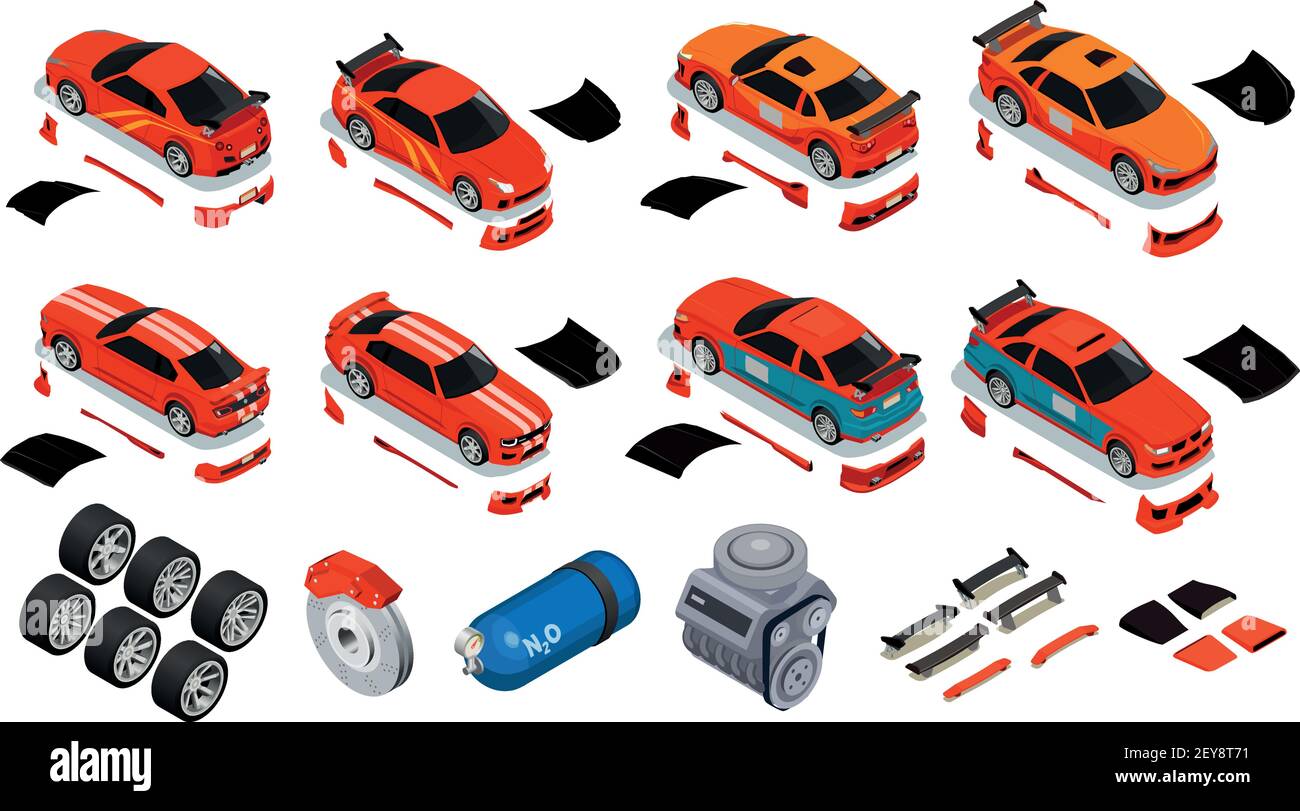Car tuning isometric icons set of improving wheels rims tires nitrous