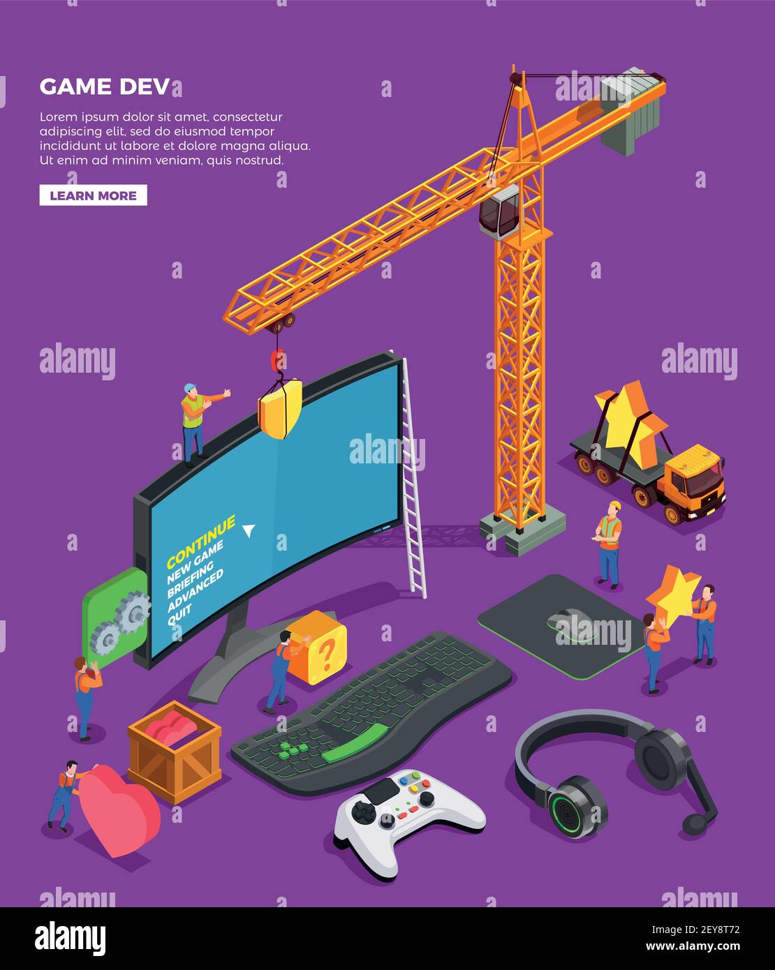 Game development isometric composition with big screen keyboard joystick for video game headphones and crane as symbol of game industry vector illustr Stock Vector
