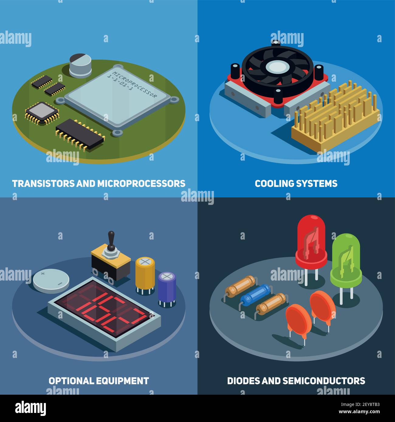 Semiconductor 2x2 design concept set of transistors microprocessors