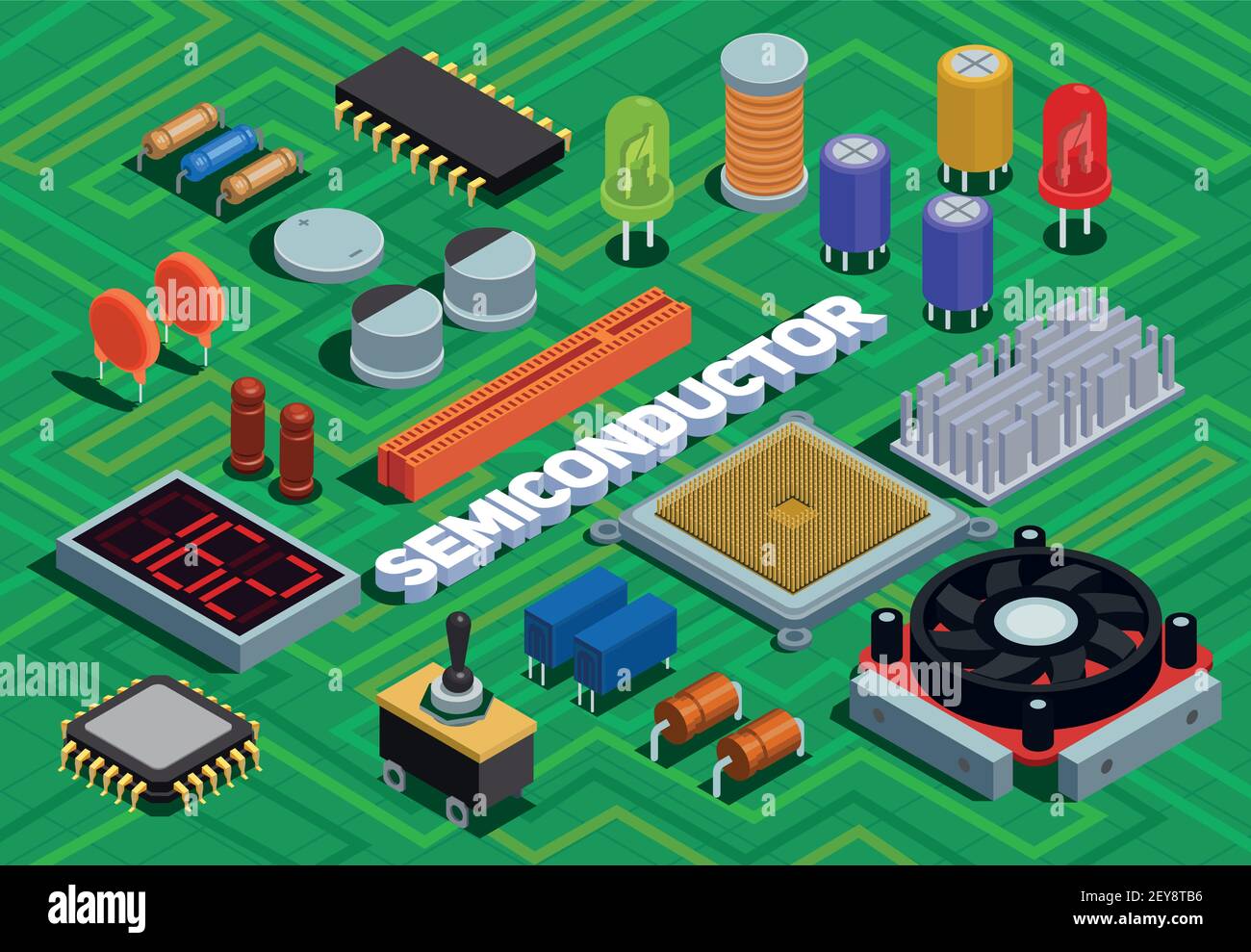 Semiconductor isometric background imitated printed circuit board with