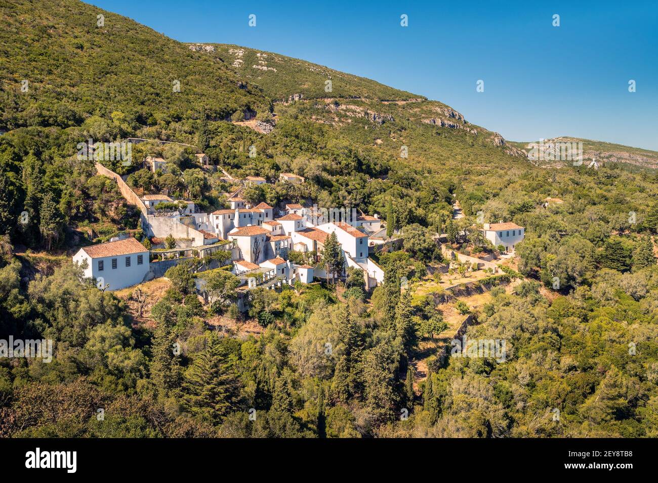 View of the Arrábida Convent (16th century) in the Arrábida Natural Park near Setúbal in Portugal, on a summer day. Stock Photo