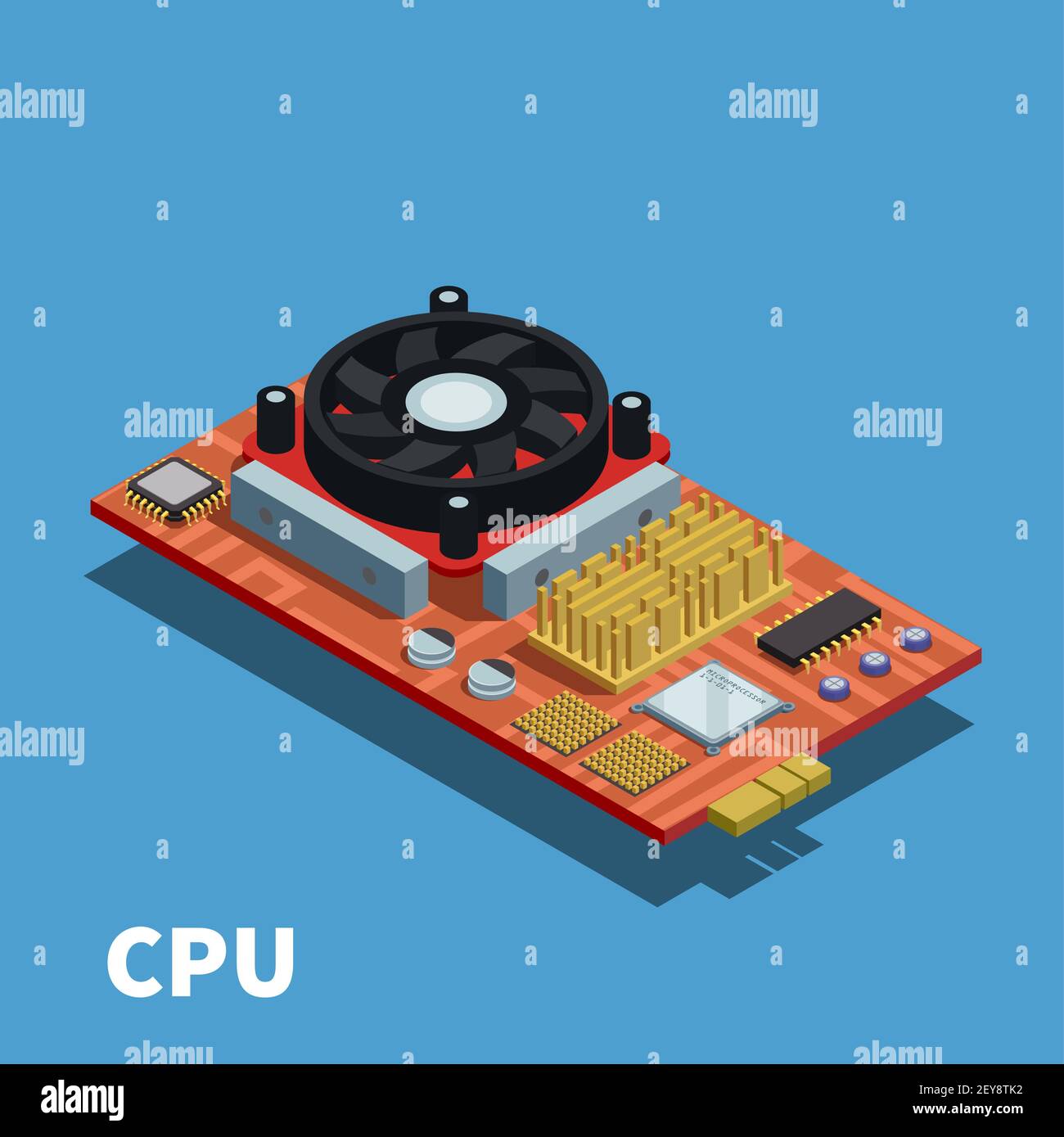Semiconductor isometric poster demonstrated printed circuit board with central processing unit and cooling system vector illustration Stock Vector