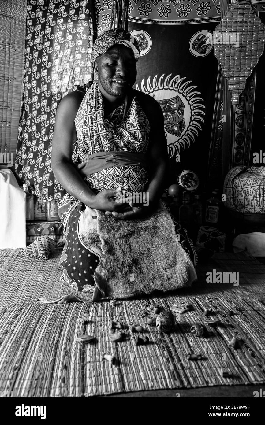 JOHANNESBURG, SOUTH AFRICA - Jan 05, 2021: Sabi Sabi, South Africa - May 5, 2012: African Male Traditional Healer known as a Sangoma or witch-doctor p Stock Photo