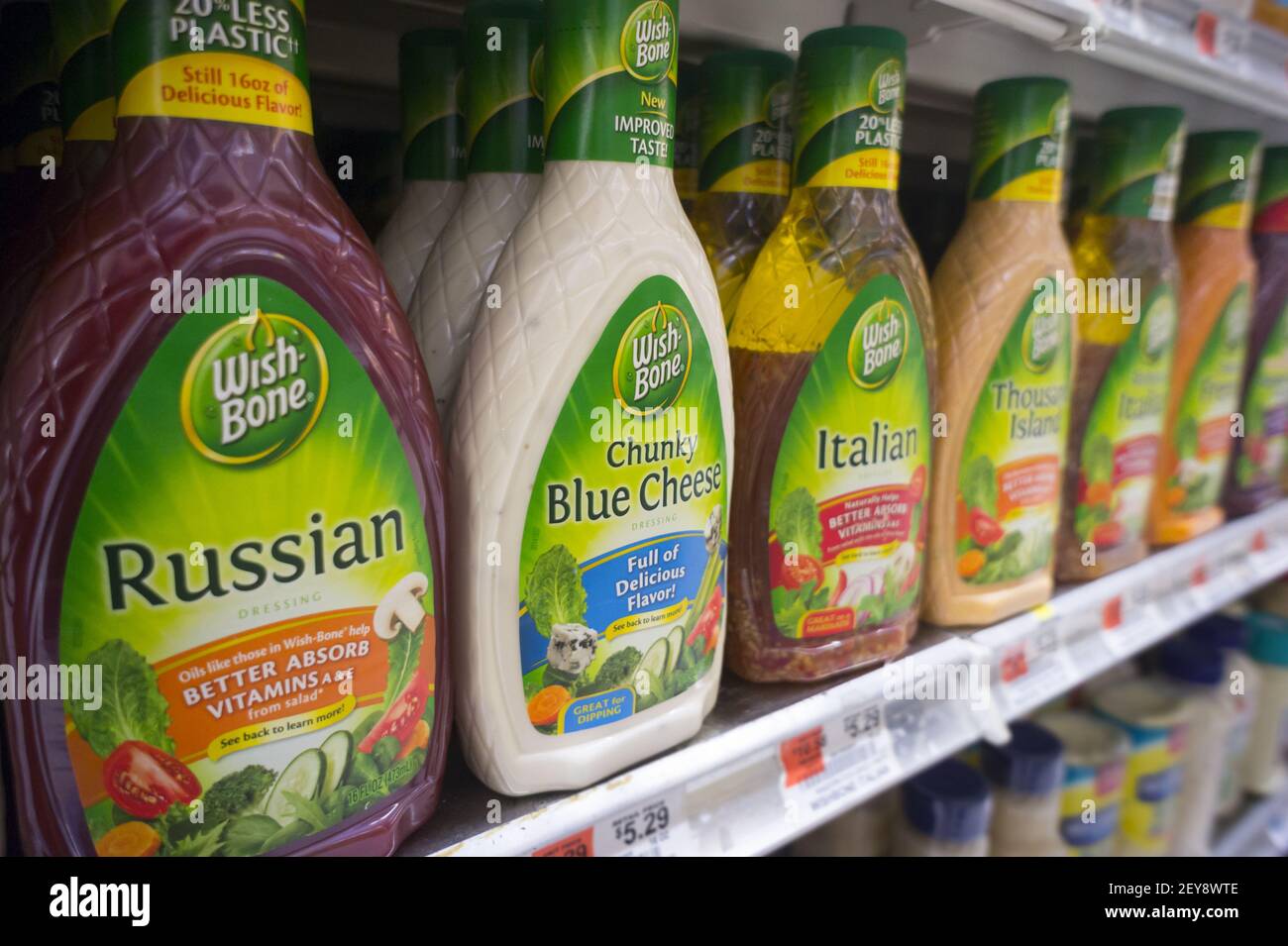 Bottles of Pinnacle Foods' Wish-Bone salad dressing are seen on a  supermarket shelf in New York on Monday, August 12, 2013. Pinnacle Foods  has purchased the salad dressing maker from Unilever for