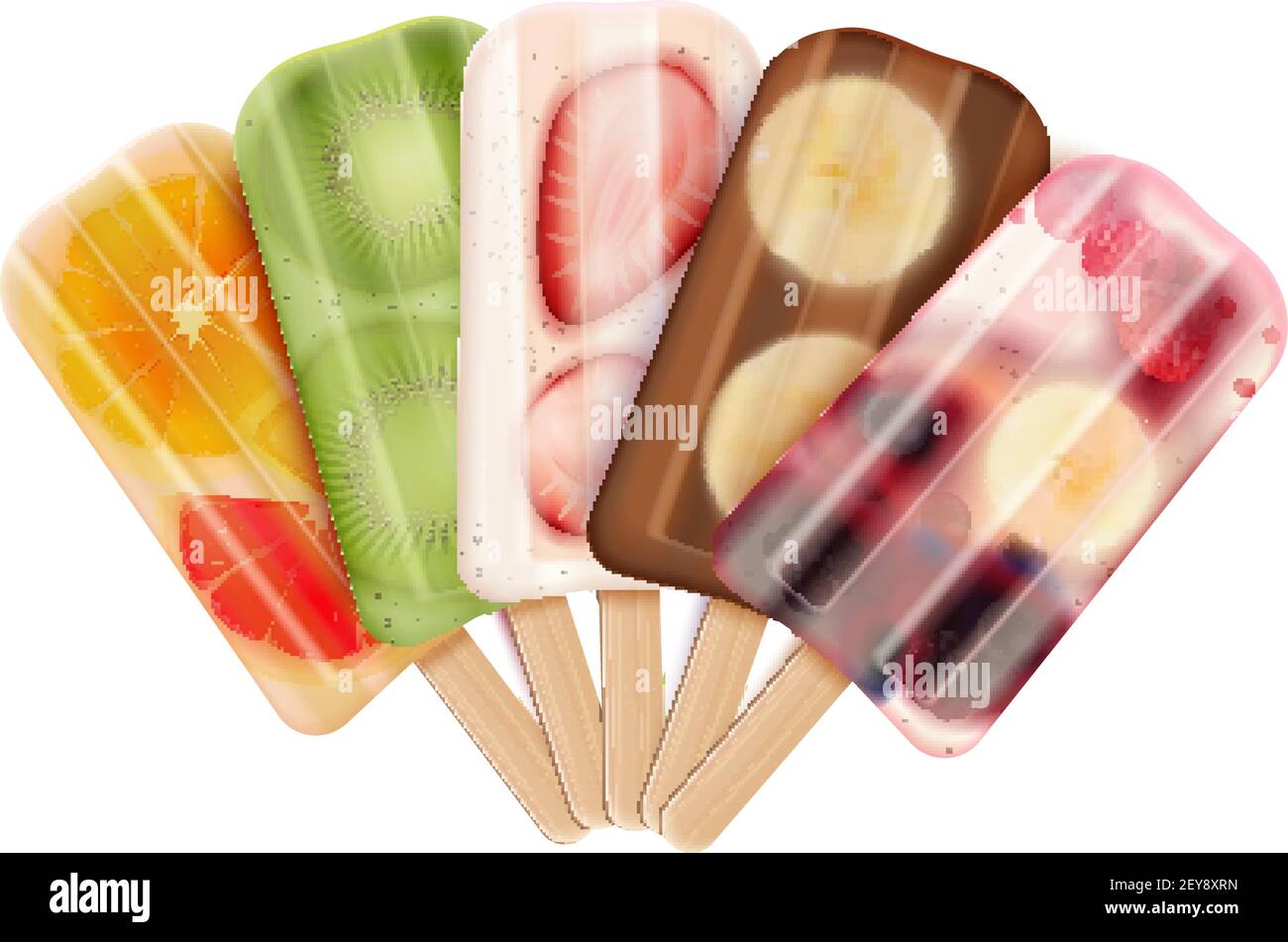 Fruit popsicles ice cream assortment realistic composition with images