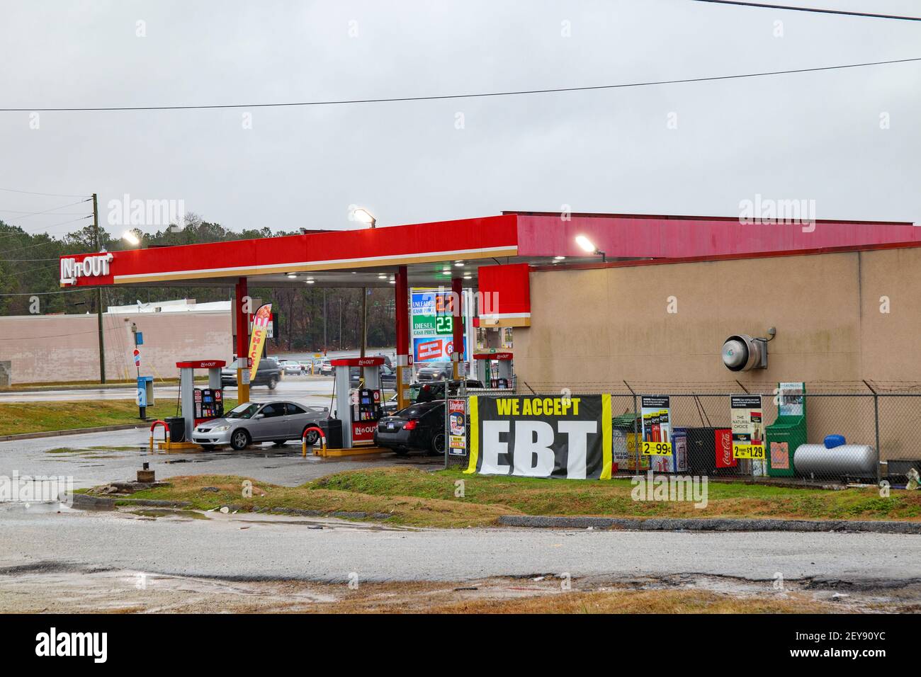 Augusta, Ga USA 01 31 21 Urban scene with EBT sign gas station and