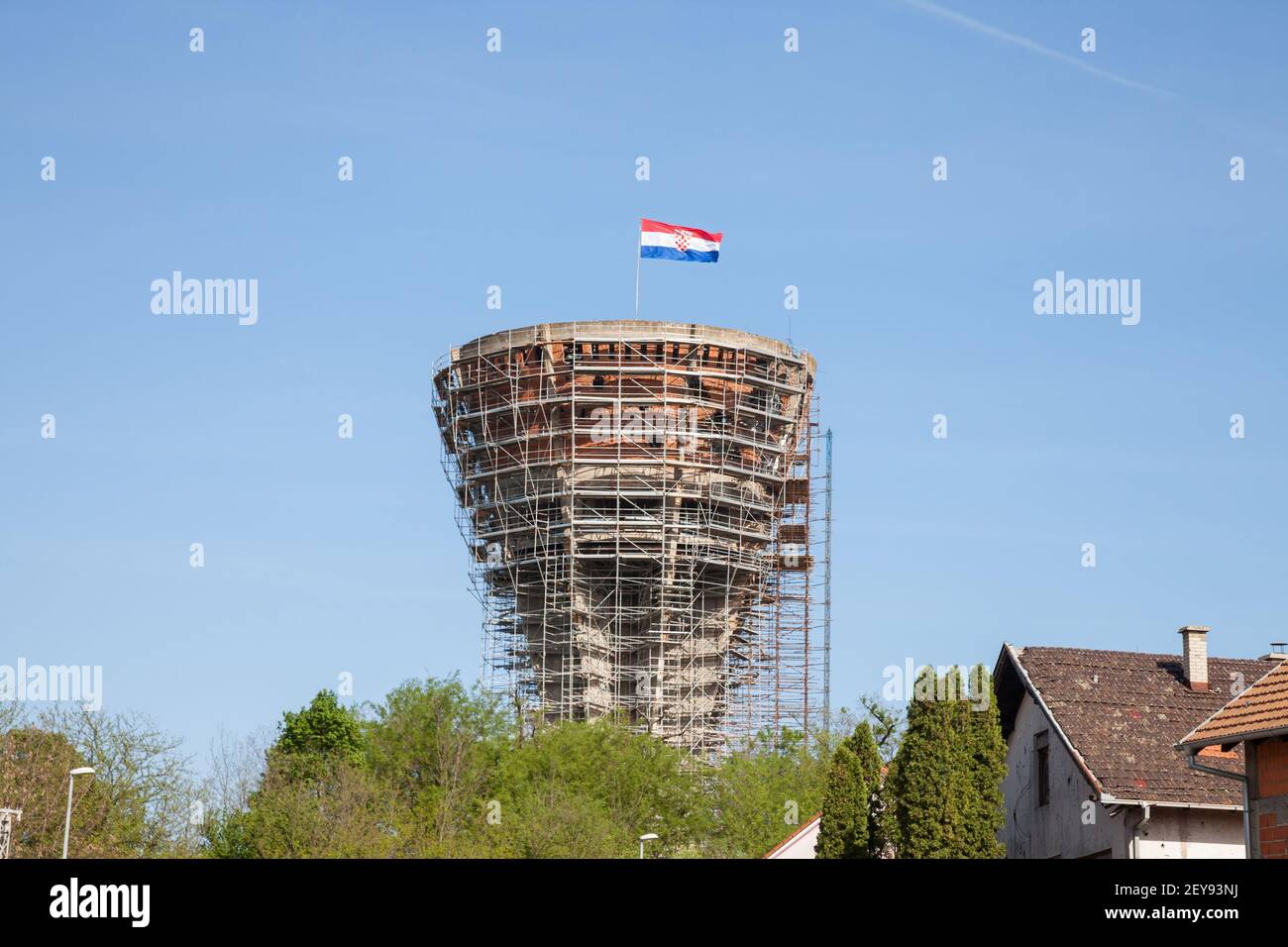Water tower from Vukovar (Vukovarski Vodotoranj), with bullet and missile holes from the 1991-1995 conflict, which opposed Serbian to Croatian forces. Stock Photo