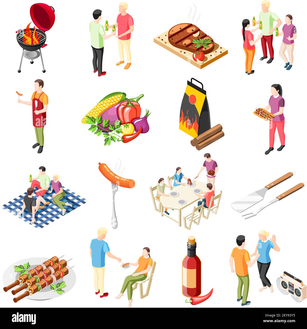 Grill bbq party isometric icons collection with isolated icons of ...