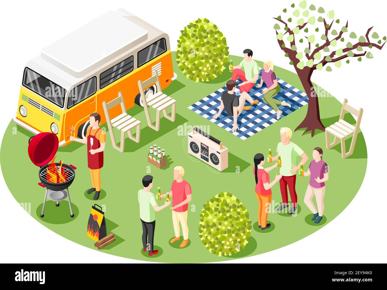 Grill bbq party isometric composition with group of people having ...