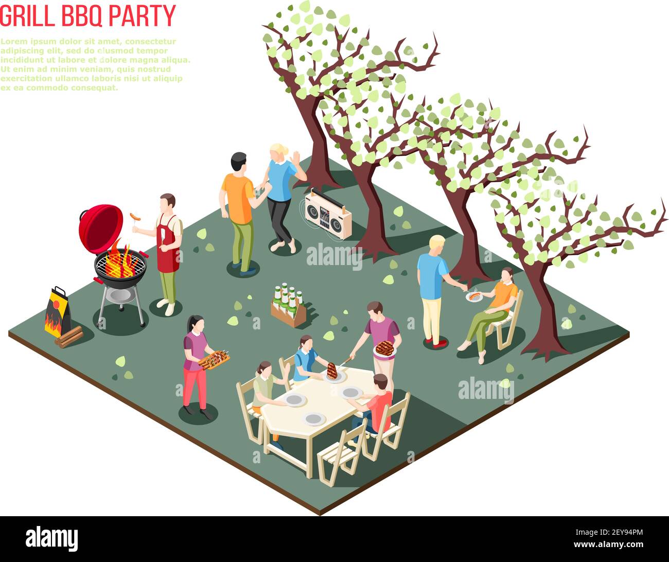 Grill bbq party isometric composition with big family members having ...