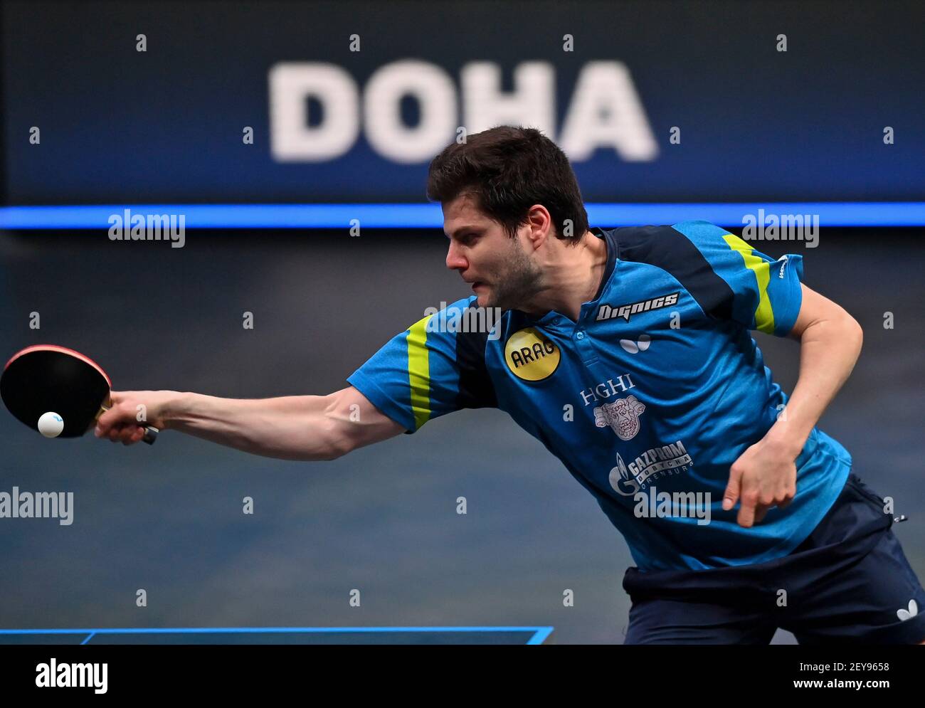 Doha. 5th Mar, 2021. Dimitrij Ovtcharov of Germany returns the ball during the men's singles quarterfinal against Mattias Falck of Sweden at WTT Contender Doha in Doha, Qatar on March 5, 2021. Credit: Nikku/Xinhua/Alamy Live News Stock Photo
