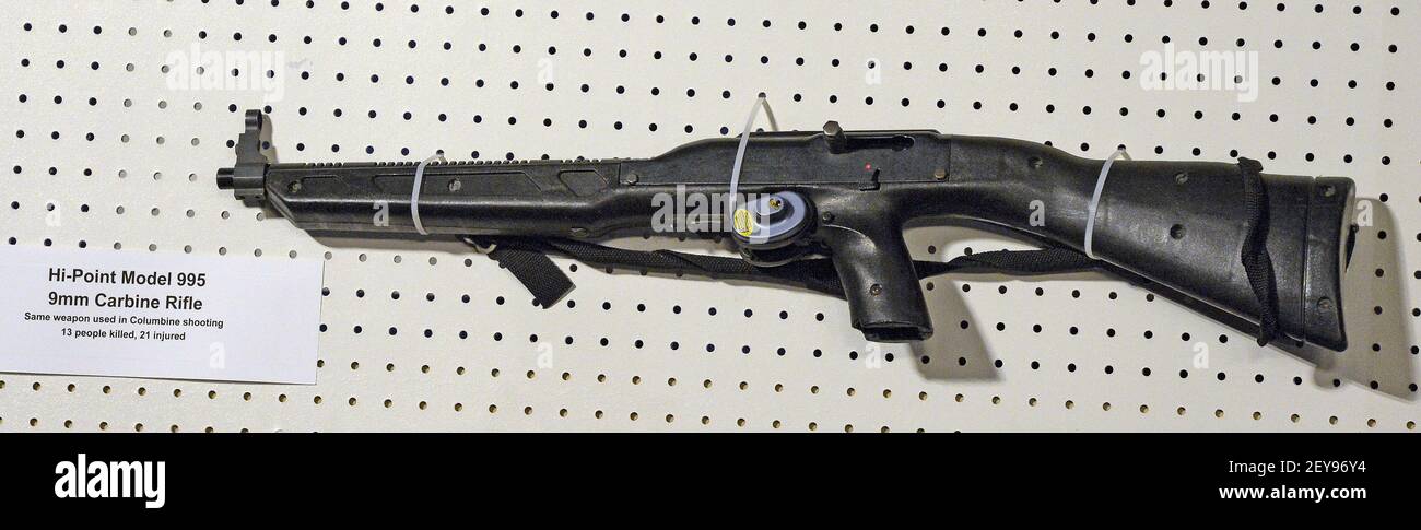 A Hi-Point Model 995 9mm Carbine Rifle displayed at the press conference  held by United States Senator Dianne Feinstein (Democrat of California) to  announce the introduction of legislation to ban assault weapons