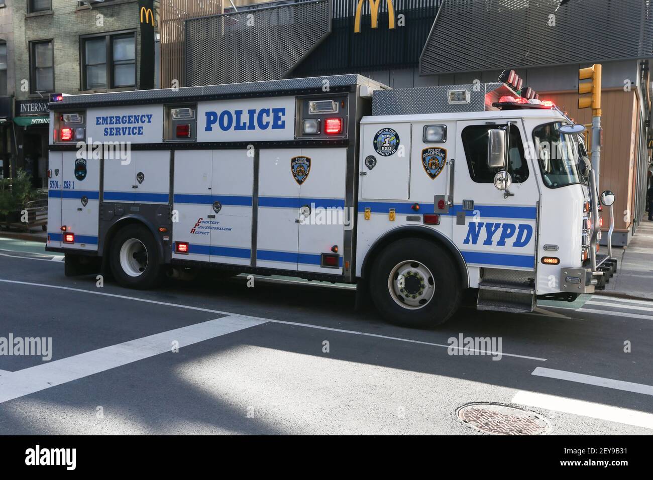 NYPD Emergency Services Truck One parked on 6th Ave in Manhattan Stock Photo
