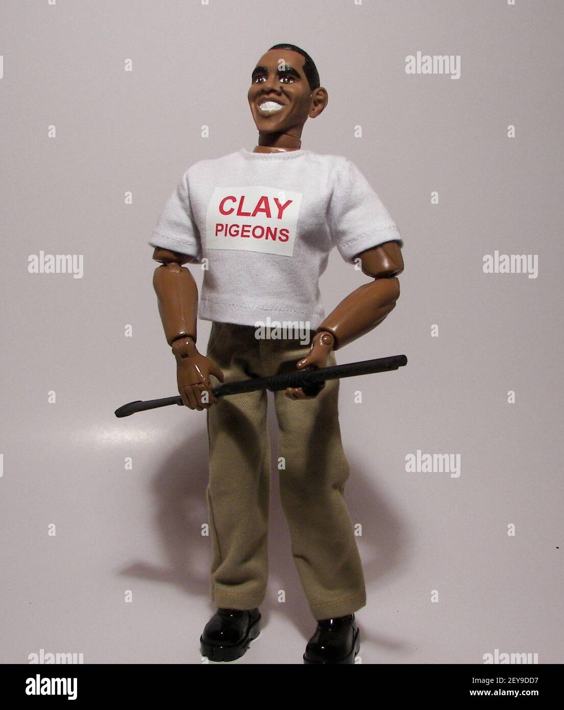 4 February 2013 - Herobuilders toy company created the Obama Skeet Shooting President Action Figure after the White House released a photo of President Obama shooting skeet at Camp David. The White House decided to release the photo in order to answer calls that he had exaggerated about his firearm usage in an interview with the New Republic. Handout photo. Credit: Sipa USA Stock Photo