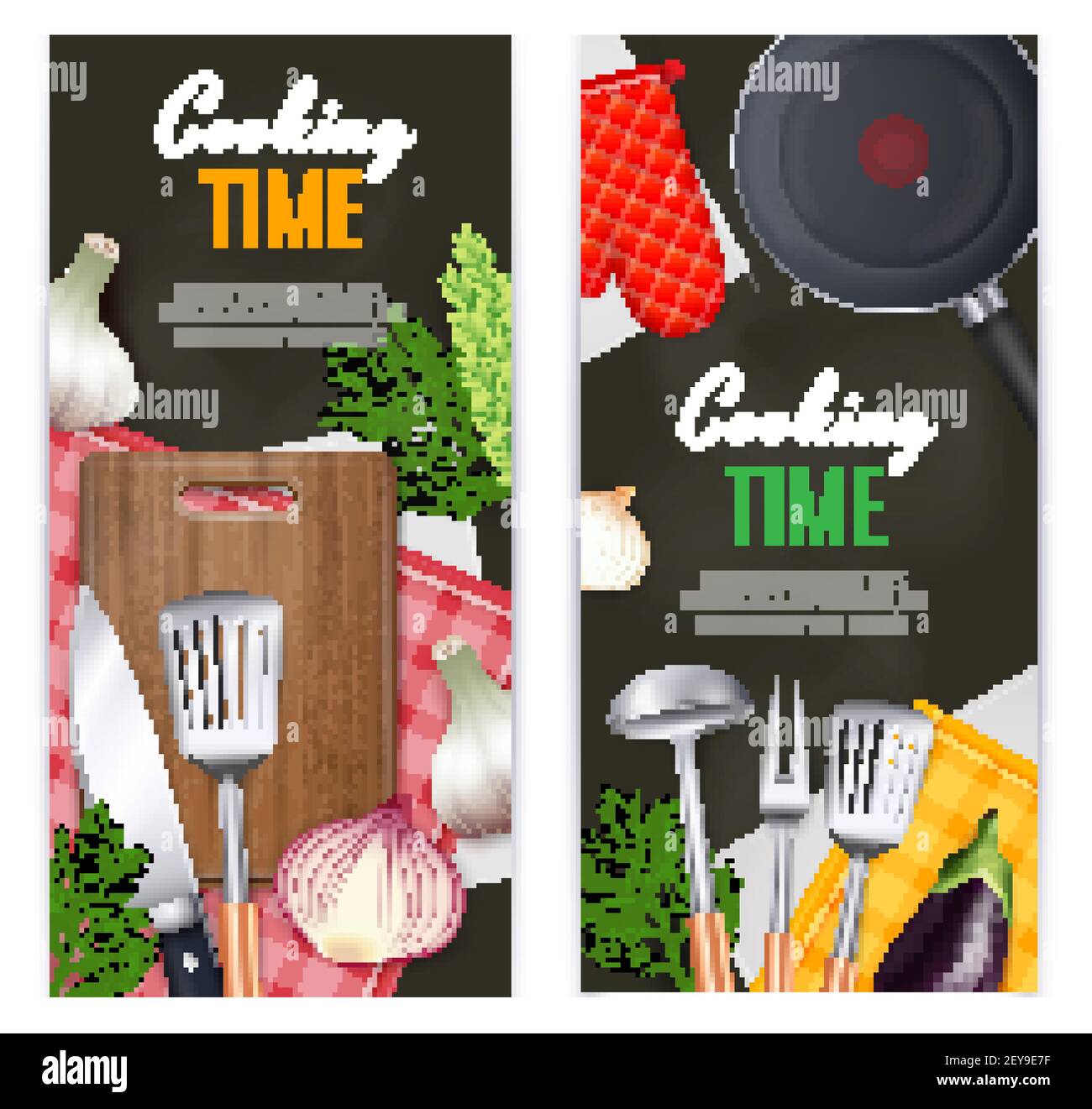 Kitchen utensils vertical banners set with cooking time symbols realistic isolated vector illustration Stock Vector