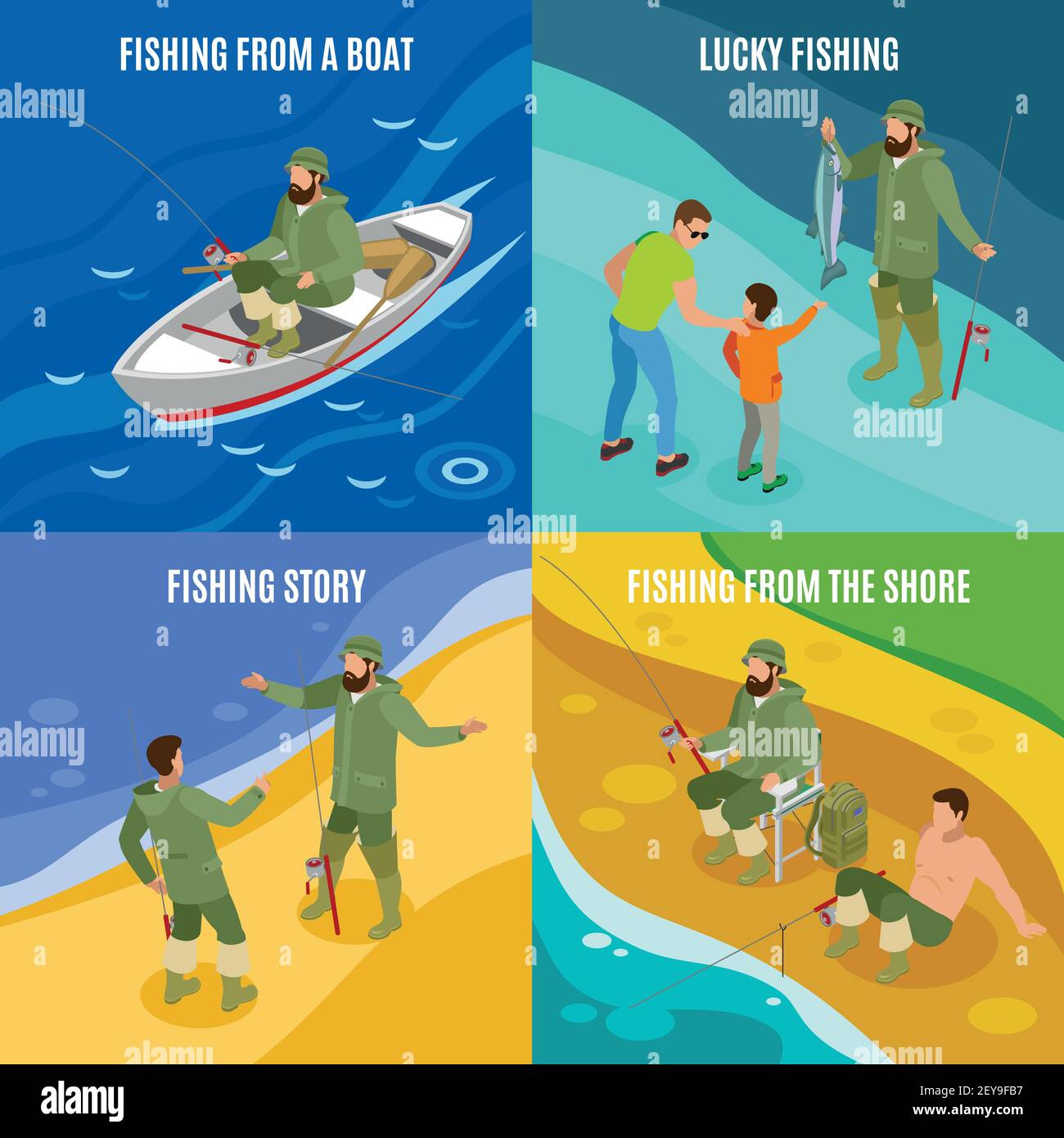 Fishermen during communion and with haul isometric concept catching from boat and at shore isolated vector illustration Stock Vector