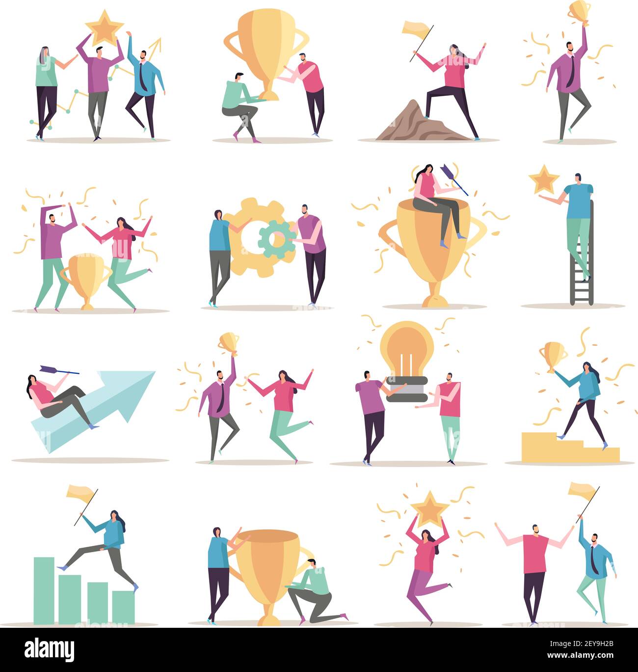Success concept flat icons collection with isolated doodle style human ...